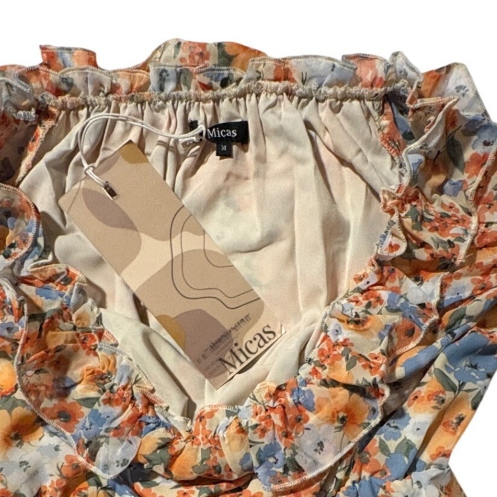 NWT Women M Floral Off The Shoulder Ruffle Mini Dress Orange Blue Easter Wedding - Picture 4 of 9